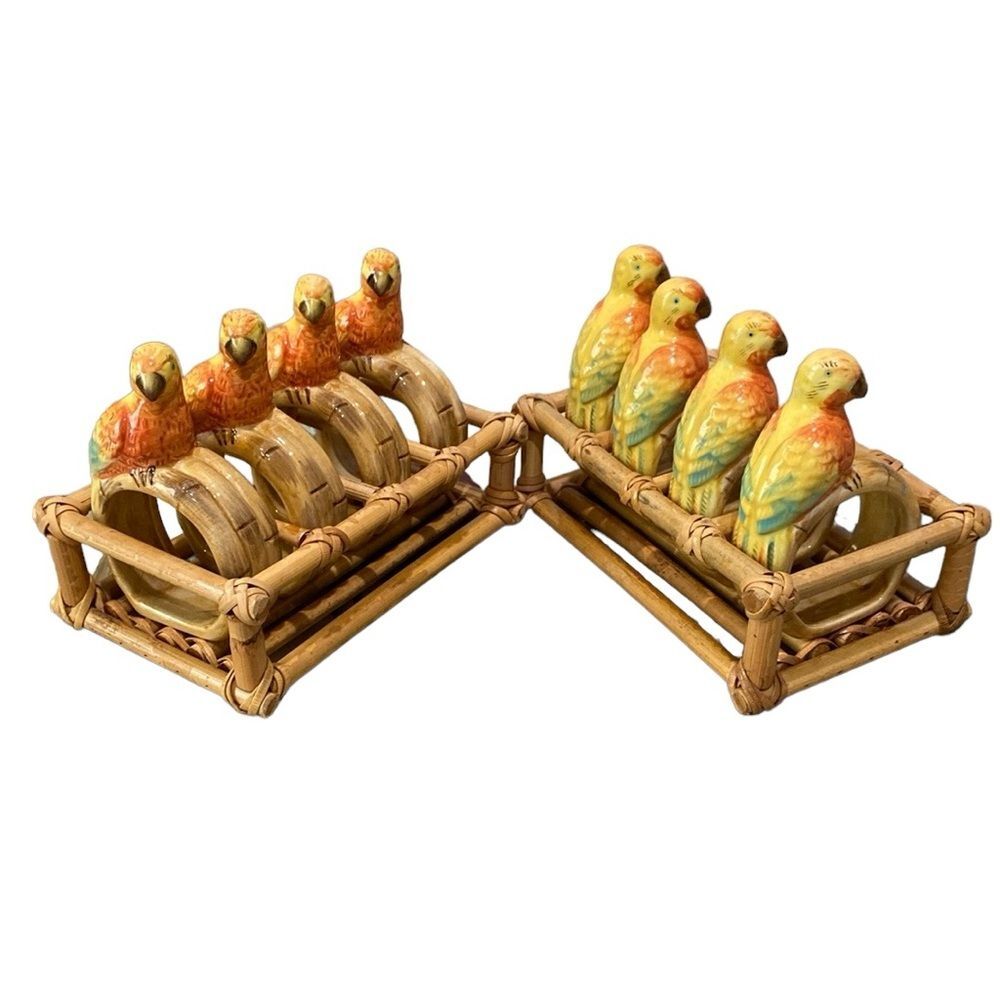 Vintage Set of Eight Ceramic Parrot Napkin Rings in Two Faux Bamboo Holders